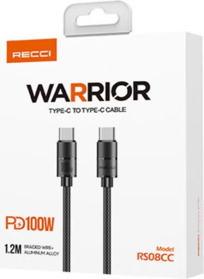 ريتشي كابل Recci RS08CC سلسلة Warrior من Type-C إلى Type-C – شحن سريع 100 واط، طول 1.2 متر، سلك مضفر رمادي متين - Image 4