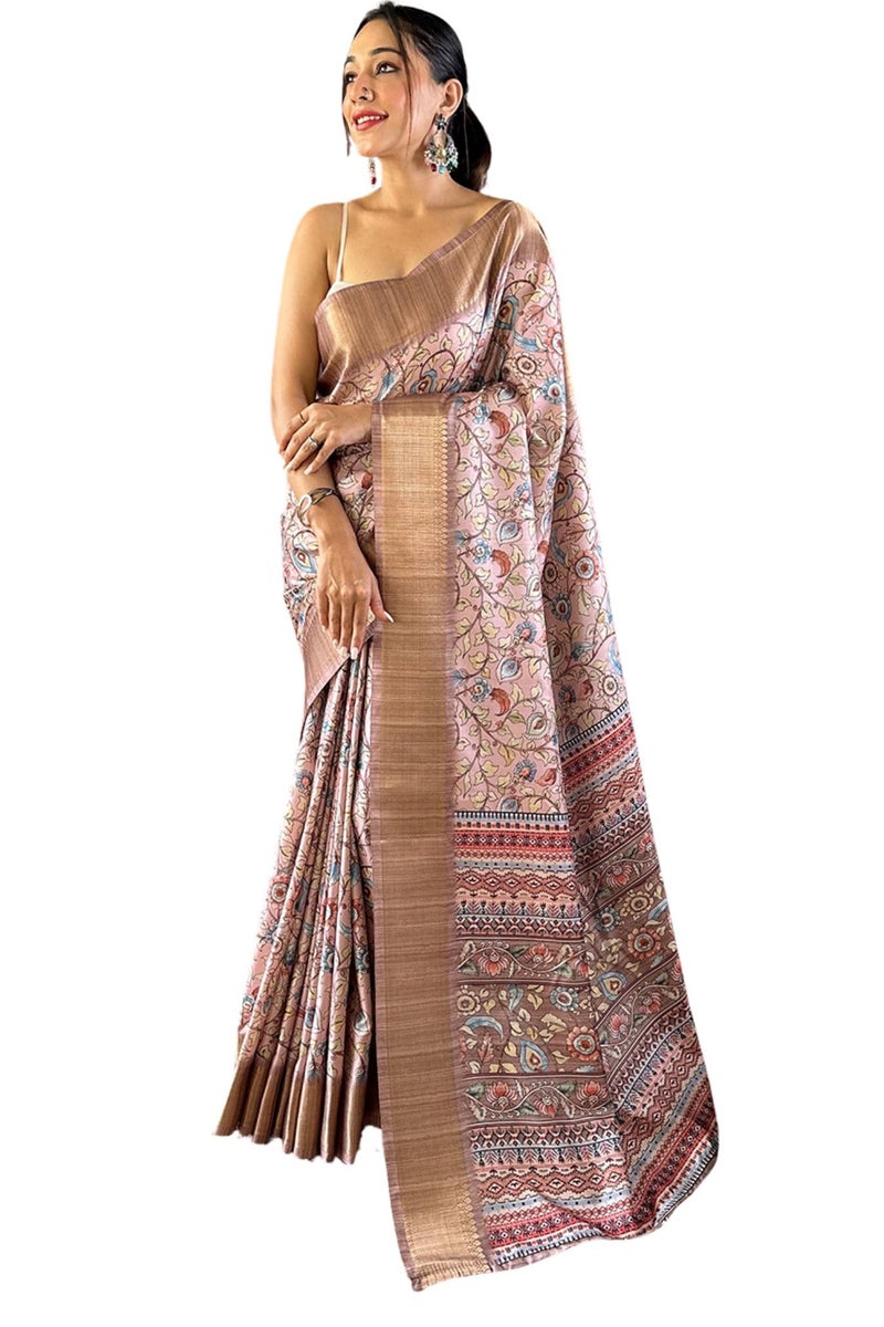 SGF11 Women's Kanjivaram Kalamkari Pure Soft Silk Printed Saree For Women's With Blouse Pieces (Peach) - Image 5