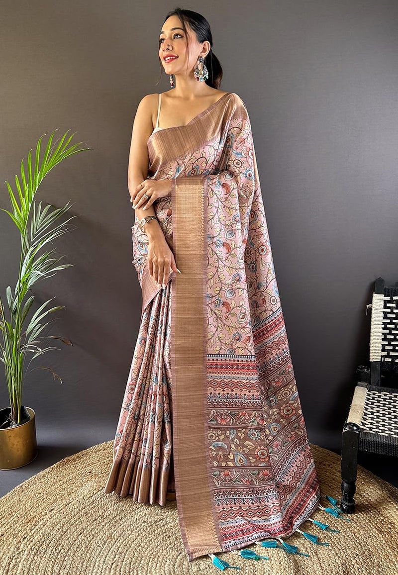 SGF11 Women's Kanjivaram Kalamkari Pure Soft Silk Printed Saree For Women's With Blouse Pieces (Peach) - Image 2