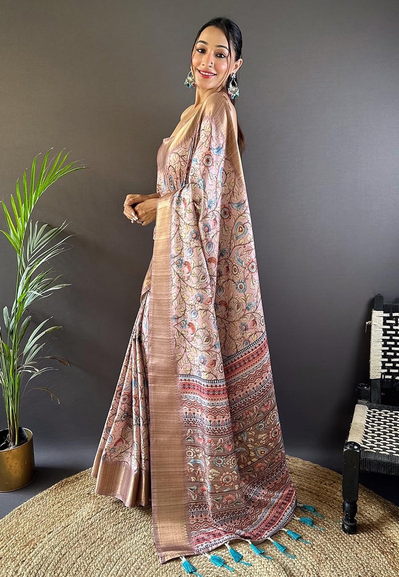 SGF11 Women's Kanjivaram Kalamkari Pure Soft Silk Printed Saree For Women's With Blouse Pieces (Peach) - Image 4