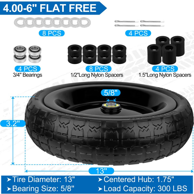 phepetroll 13 Inch Flat Free Wheels Tires 4.00-6 Solid Replacement with Universal 5/8" Axle Bore Hole, 8 Spacers and 4 Pins, for Wheelbarrow, Garden Wagon, Hand Truck, Trolley, Lawn Mower, 2 Pack - Image 2