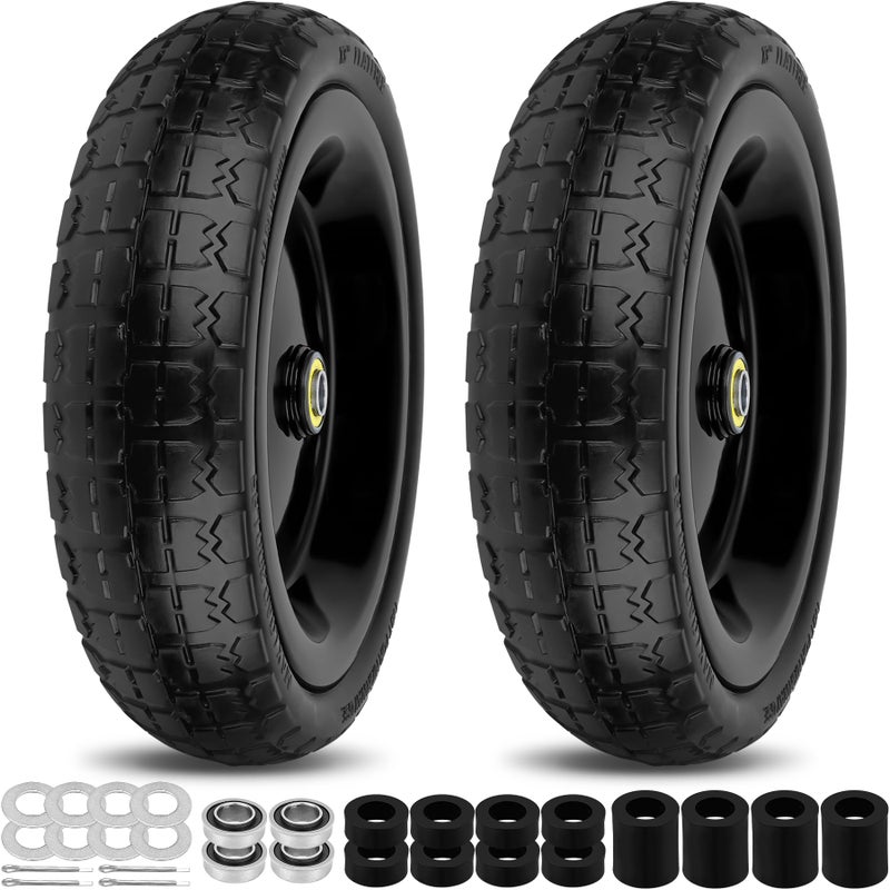 phepetroll 13 Inch Flat Free Wheels Tires 4.00-6 Solid Replacement with Universal 5/8" Axle Bore Hole, 8 Spacers and 4 Pins, for Wheelbarrow, Garden Wagon, Hand Truck, Trolley, Lawn Mower, 2 Pack - Image 1