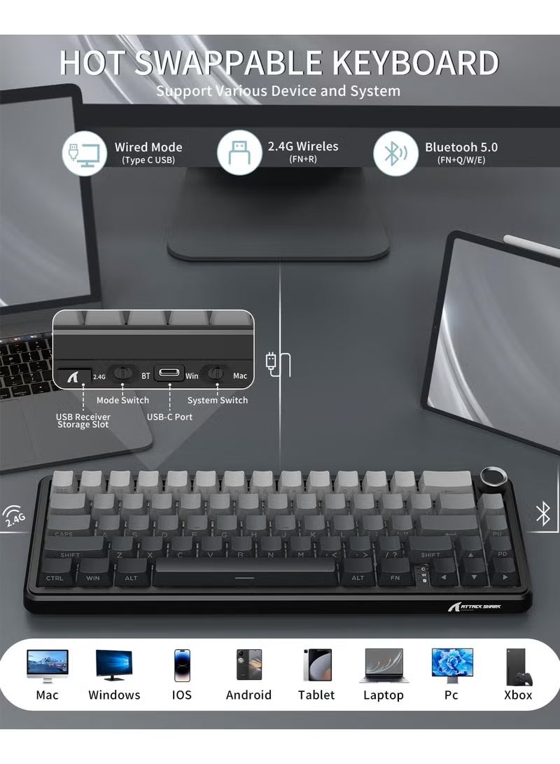 هجوم القرش لوحة مفاتيح ألعاب ميكانيكية لاسلكية X66 مع مقبض، لوحة مفاتيح ألعاب ثلاثية الوضع USB-C/BT5.0/2.4G مثبتة بحشية 60% RGB، غطاء مفتاح PBT مطبوع جانبيًا، مفتاح فراولة قابل للتبديل السريع (ضوء القمر) - Image 3