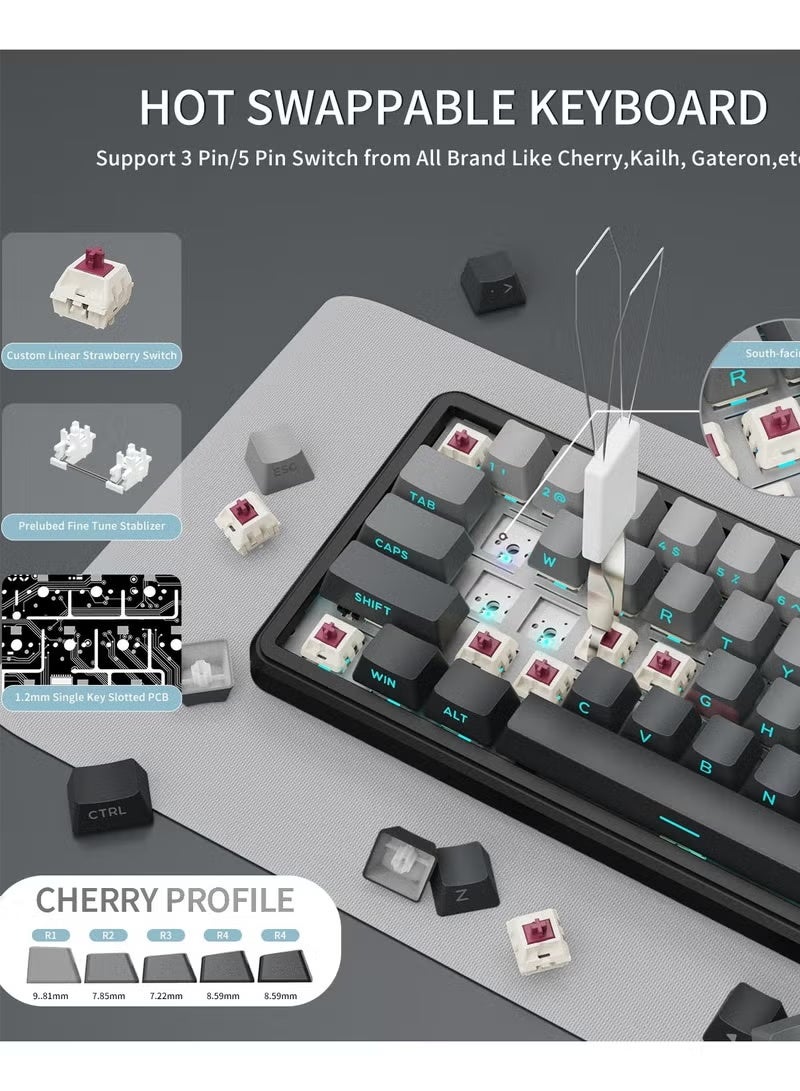 هجوم القرش لوحة مفاتيح ألعاب ميكانيكية لاسلكية X66 مع مقبض، لوحة مفاتيح ألعاب ثلاثية الوضع USB-C/BT5.0/2.4G مثبتة بحشية 60% RGB، غطاء مفتاح PBT مطبوع جانبيًا، مفتاح فراولة قابل للتبديل السريع (ضوء القمر) - Image 5