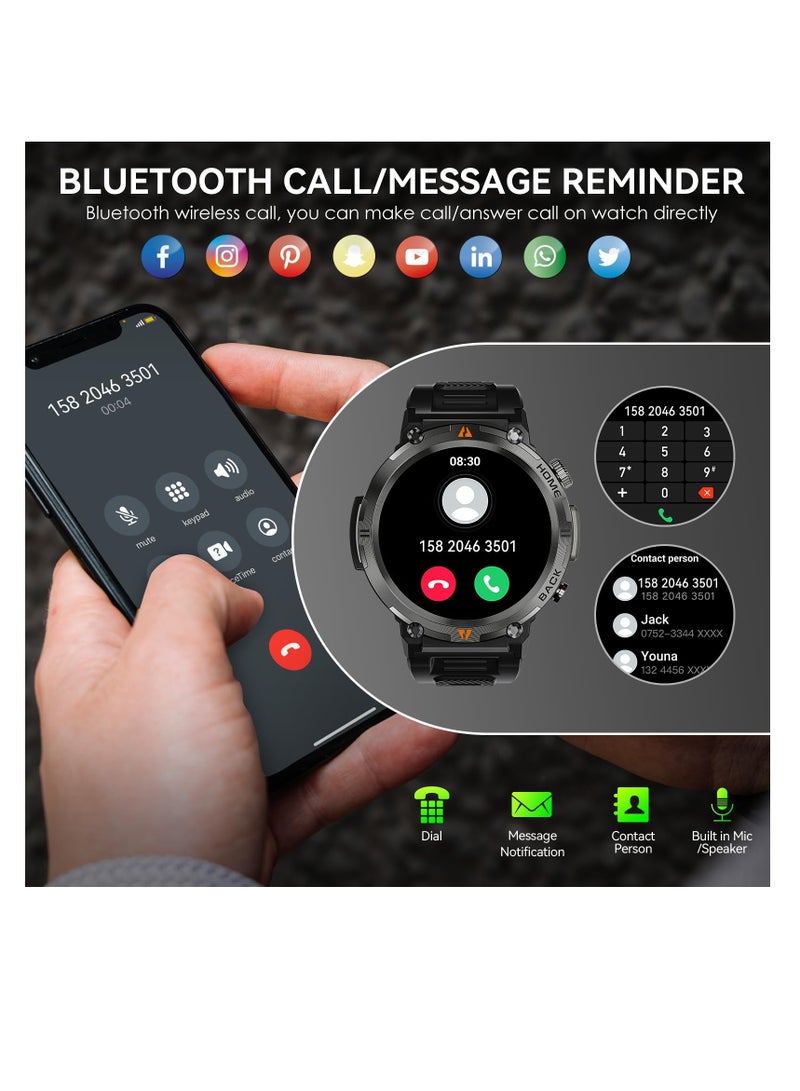 Military Smart Watch for Men with LED Flashlight, 1.45" HD Outdoor Tactical Rugged Smartwatch (Call Receive/Dial), Sports Fitness Watch with Heart Rate Sleep for iPhone Android Phone - Image 2