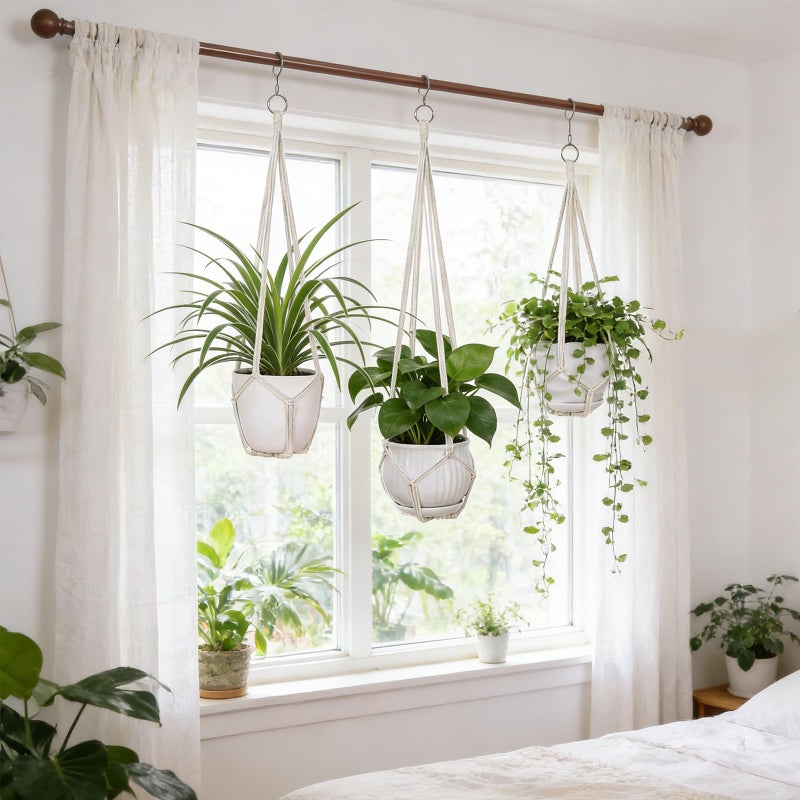 YIBOT 3 Pack Macrame Plant Hanger Indoor Hanging Planter for Plants Holder with 3 Hooks, 35"/29"/23" Size No Tassels for Boho Home Decor, Ivory (POTS NOT Included) - Image 5