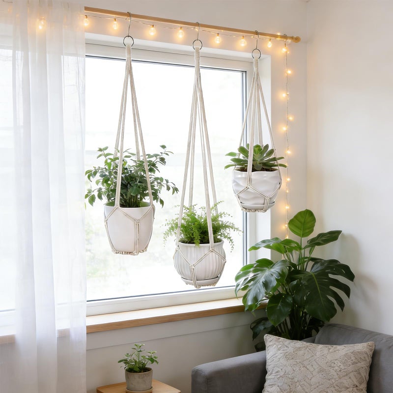 YIBOT 3 Pack Macrame Plant Hanger Indoor Hanging Planter for Plants Holder with 3 Hooks, 35"/29"/23" Size No Tassels for Boho Home Decor, Ivory (POTS NOT Included) - Image 4