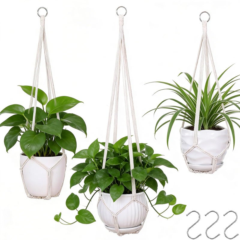 YIBOT 3 Pack Macrame Plant Hanger Indoor Hanging Planter for Plants Holder with 3 Hooks, 35"/29"/23" Size No Tassels for Boho Home Decor, Ivory (POTS NOT Included) - Image 1