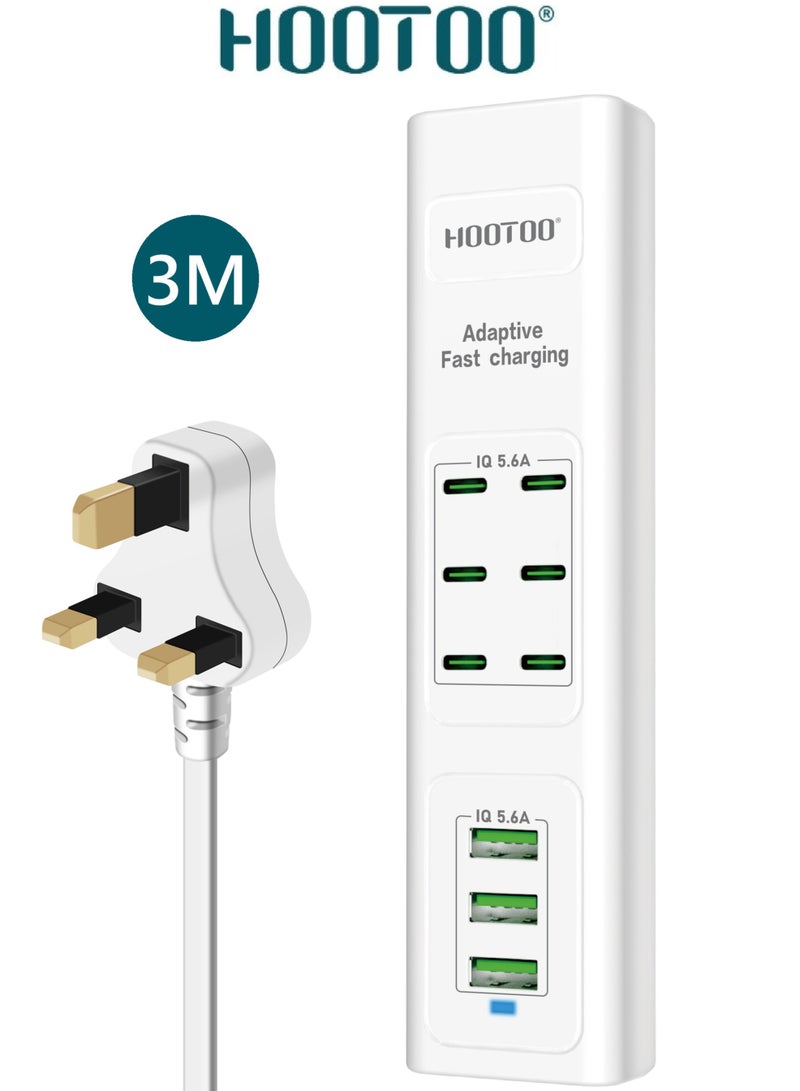 هوتو منصة شحن متعددة الاستخدامات بتسعة منافذ (6 شاحن تايب سي& 3 يو اس بي). فيش جداري قابل لتمديد بسلك بطول 3 متر. محطة شحن بقوة تصل حتى 5.6 أمبير. راس شاحن تايب سي تدعم الشحن السريع PD. فيش شاحن مقاوم للحرارة العالية وجهد التيار. أبيض - Image 1