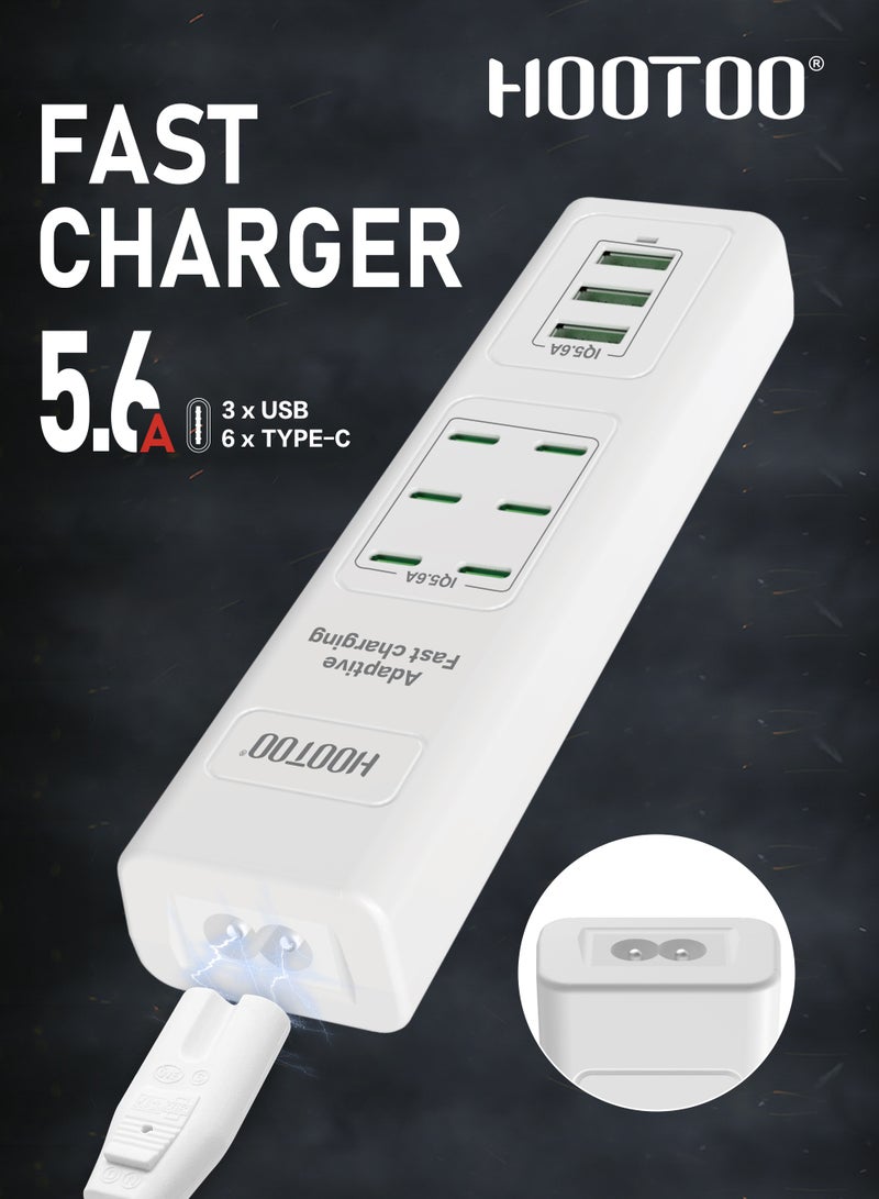 هوتو منصة شحن متعددة الاستخدامات بتسعة منافذ (6 شاحن تايب سي& 3 يو اس بي). فيش جداري قابل لتمديد بسلك بطول 3 متر. محطة شحن بقوة تصل حتى 5.6 أمبير. راس شاحن تايب سي تدعم الشحن السريع PD. فيش شاحن مقاوم للحرارة العالية وجهد التيار. أبيض - Image 2