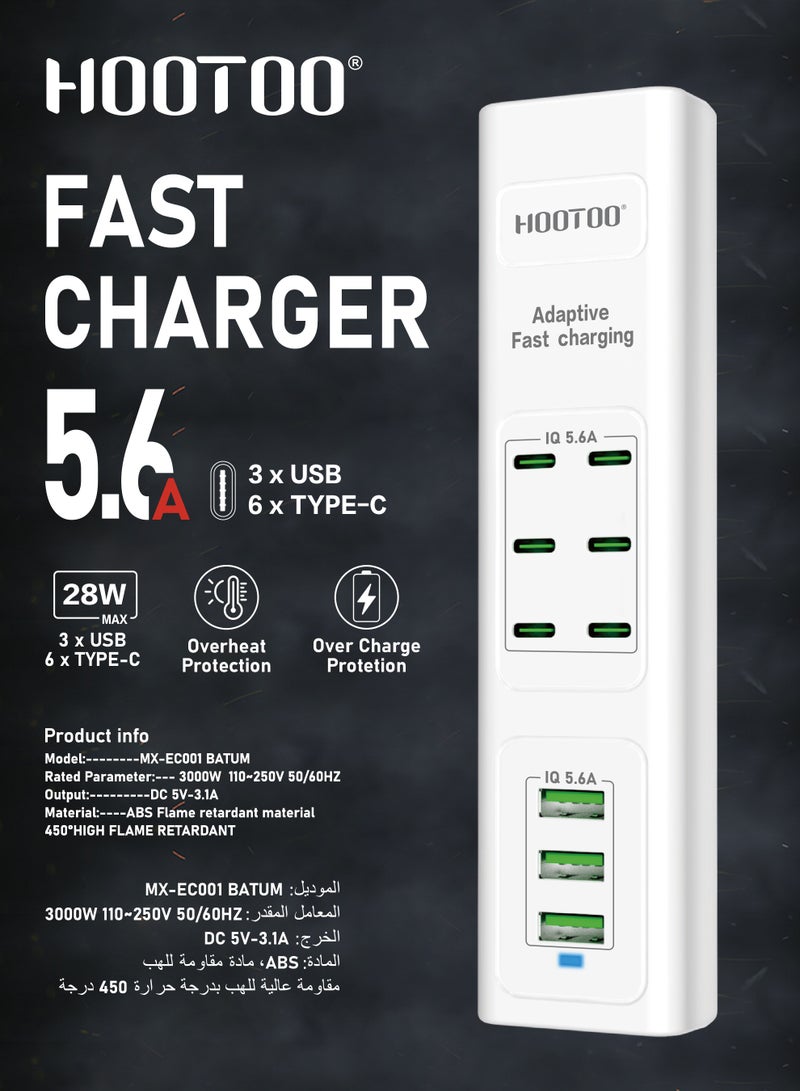 هوتو منصة شحن متعددة الاستخدامات بتسعة منافذ (6 شاحن تايب سي& 3 يو اس بي). فيش جداري قابل لتمديد بسلك بطول 3 متر. محطة شحن بقوة تصل حتى 5.6 أمبير. راس شاحن تايب سي تدعم الشحن السريع PD. فيش شاحن مقاوم للحرارة العالية وجهد التيار. أبيض - Image 3