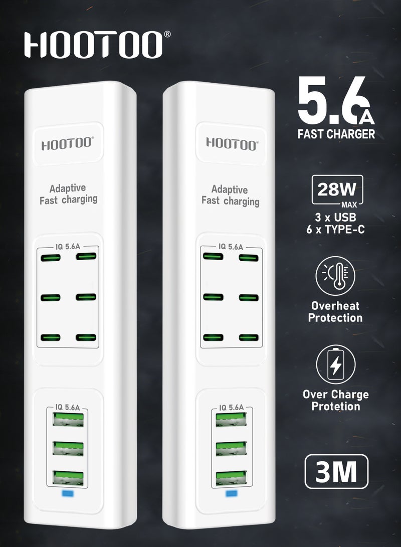 هوتو منصة شحن متعددة الاستخدامات بتسعة منافذ (6 شاحن تايب سي& 3 يو اس بي). فيش جداري قابل لتمديد بسلك بطول 3 متر. محطة شحن بقوة تصل حتى 5.6 أمبير. راس شاحن تايب سي تدعم الشحن السريع PD. فيش شاحن مقاوم للحرارة العالية وجهد التيار. أبيض - Image 4