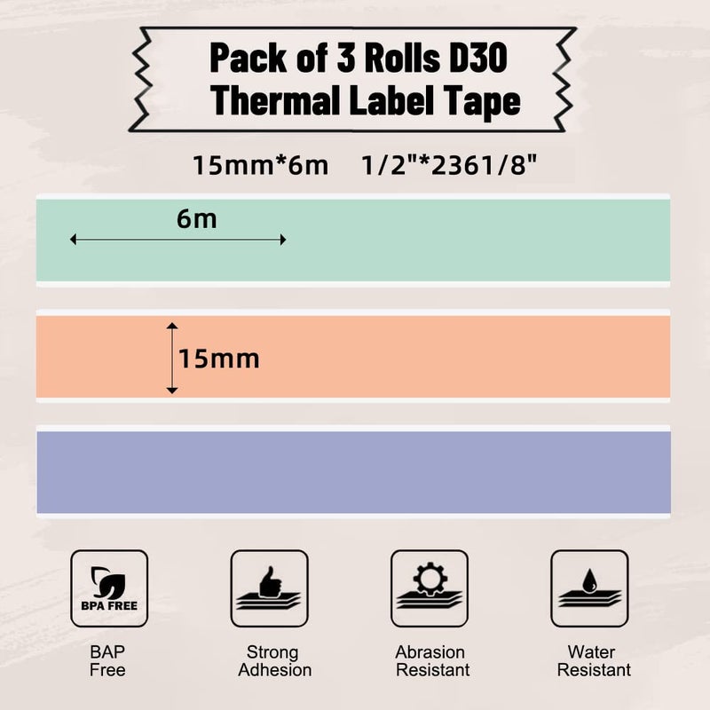 Phomemo D30 Continuous Labels, D35 Q30 Q31 Q32 Q30S Long Label Tape, Black on Green, Orange, Lavender Sticker Thermal Paper Self-Adhesive D30 Label Tape, 15 x 6m (19/32 x 2367/32) Long Tape, 3-Roll - Image 2