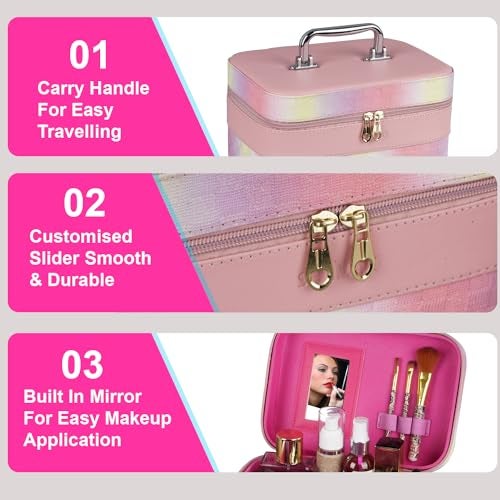 SHAMAX® Bridal Vanity Box for Women | Large Makeup Organizer Bag with Mirror & Dual Zipper | Bridal Makeup Box, Makeup Vanity, Makeup Brush & Trousseau Storage Case (Set of 2) - Image 5
