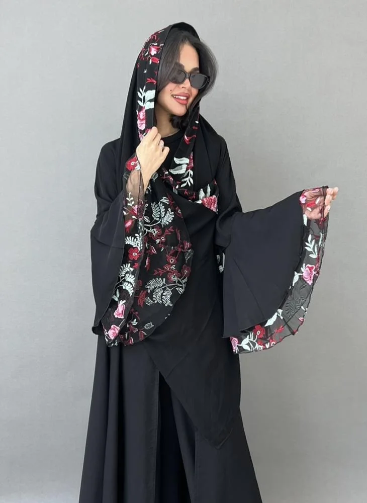 Lusin Abaya Black Abaya with Red Floral Embroidered Tulle Sleeves