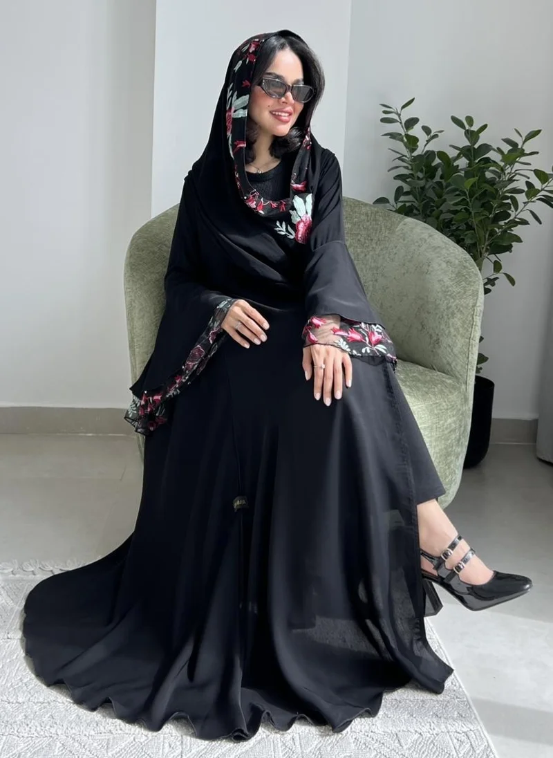 Lusin Abaya Black Abaya with Red Floral Embroidered Tulle Sleeves