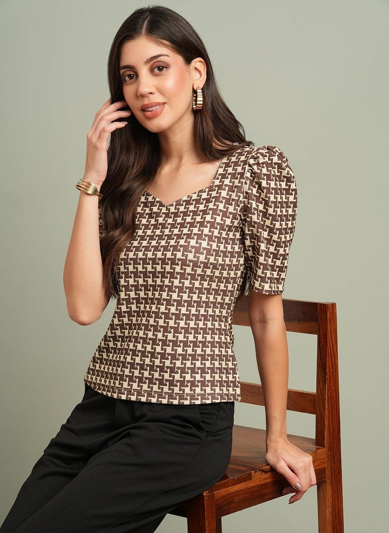 Globus Women Brown Abstract Print Formal Top with Sweetheart Neck and Puff Sleeves - Image 3