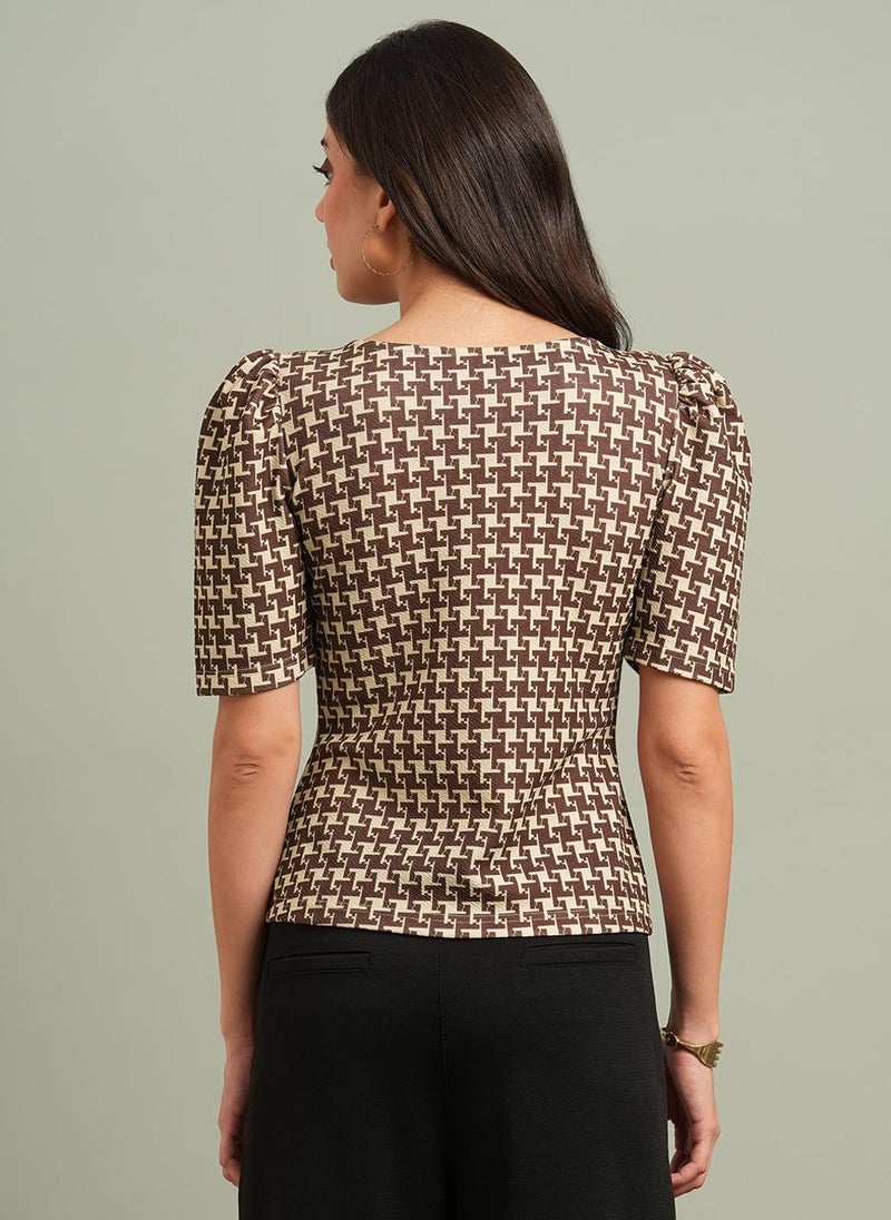 Globus Women Brown Abstract Print Formal Top with Sweetheart Neck and Puff Sleeves - Image 4