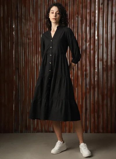 HIGH STAR Women's Black Poplin Solid Midi A-Line Dress