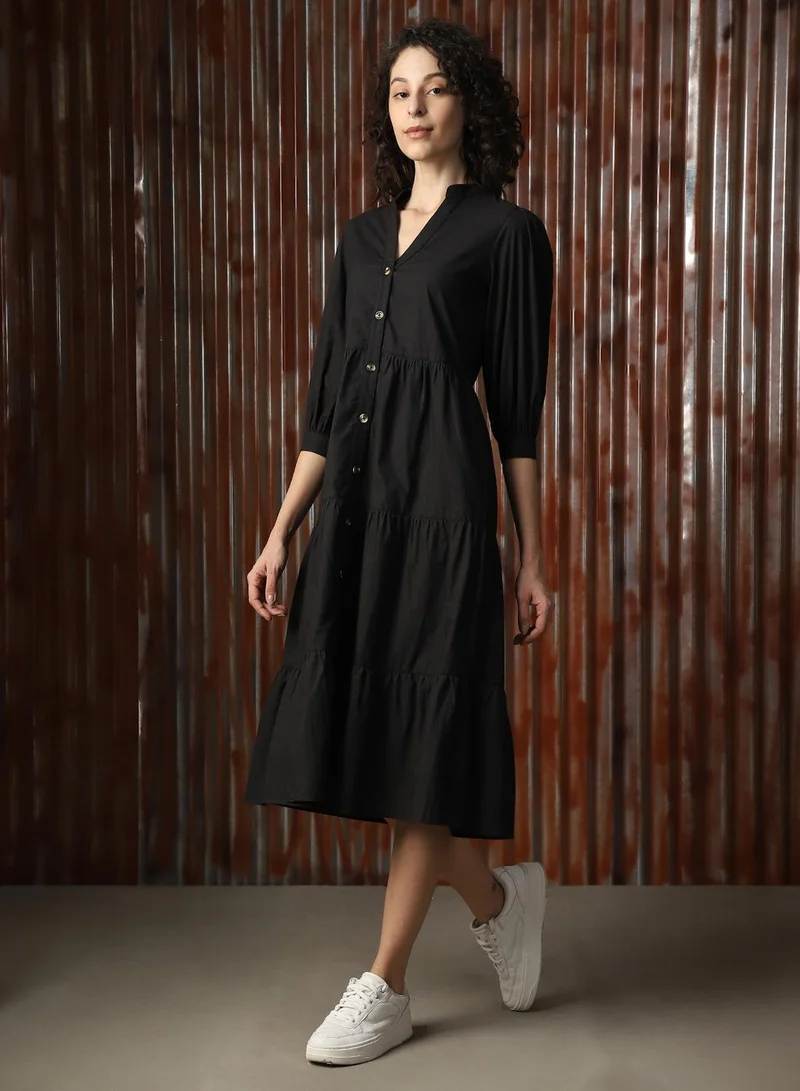 هاي ستار Women's Black Poplin Solid Midi A-Line Dress