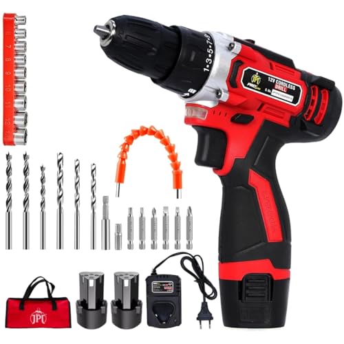 JPT Heavy Duty 12-volt Pro Series Cordless Drill Machine | 45N.m Torque | 1950 RPM Speed | 25+1 Clutch | 2 Speed Gearbox | 3/8" Keyless Chuck | 1500mAh Battery | Fast Charger - Red - Image 1