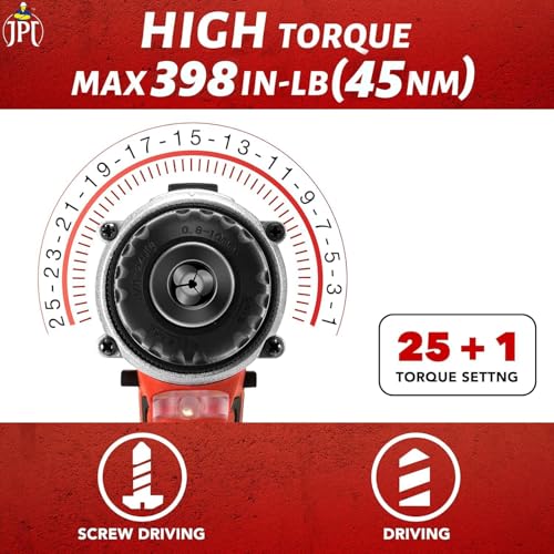JPT Heavy Duty 12-volt Pro Series Cordless Drill Machine | 45N.m Torque | 1950 RPM Speed | 25+1 Clutch | 2 Speed Gearbox | 3/8" Keyless Chuck | 1500mAh Battery | Fast Charger - Red - Image 2