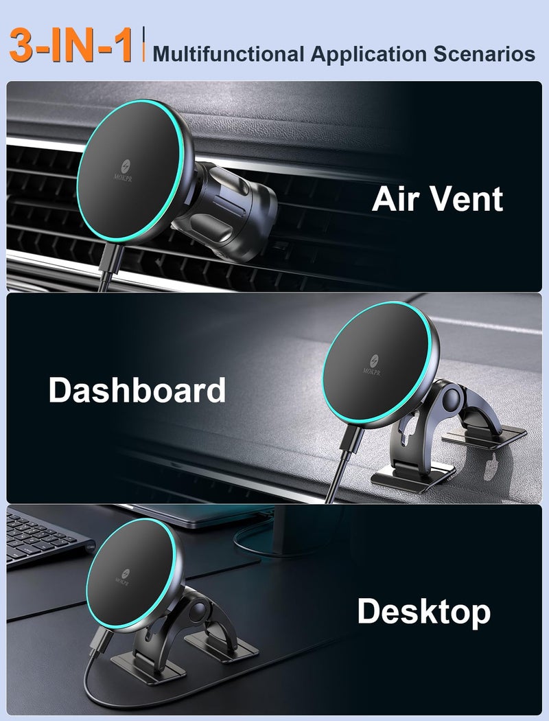 MOKPR for iPhone Magsafe Car Mount Charger, Wireless Car Charger Magnetic Car Phone Holder for Dash Air Vent-LED HandsFree Car Mount Fast Car Charger for iPhone 17/16/15/14/13/12 Series - Image 3