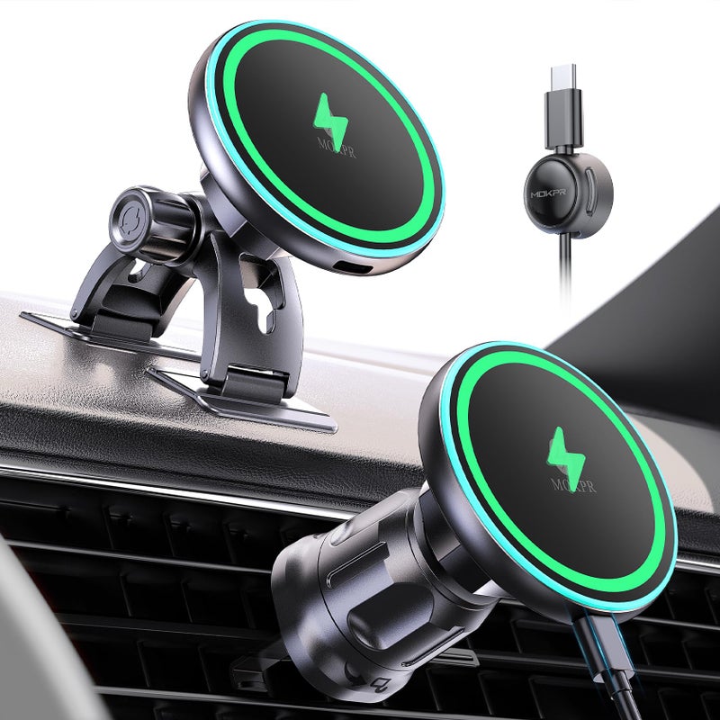 MOKPR for iPhone Magsafe Car Mount Charger, Wireless Car Charger Magnetic Car Phone Holder for Dash Air Vent-LED HandsFree Car Mount Fast Car Charger for iPhone 17/16/15/14/13/12 Series - Image 1