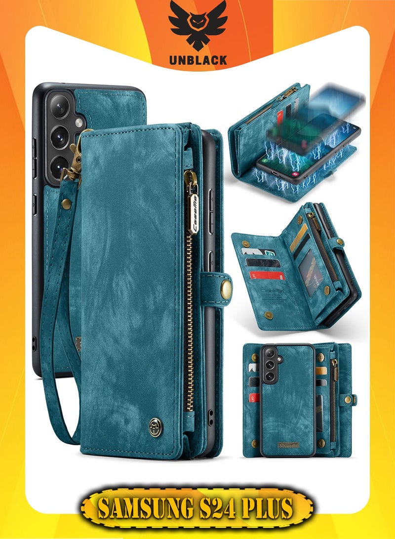 CaseMe Protective Phone Cover Case Wallet Case For Samsung Galaxy S24 Plus, 2 in 1 Detachable Premium Leather Magnetic Zipper Pouch Wristlet Flip Phone Case (Blue) - Image 1