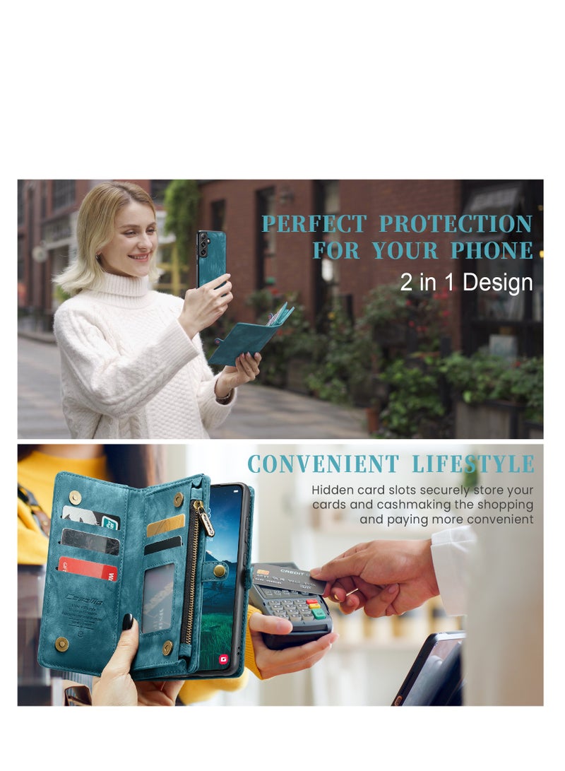 CaseMe Protective Phone Cover Case Wallet Case For Samsung Galaxy S24 Plus, 2 in 1 Detachable Premium Leather Magnetic Zipper Pouch Wristlet Flip Phone Case (Blue) - Image 3