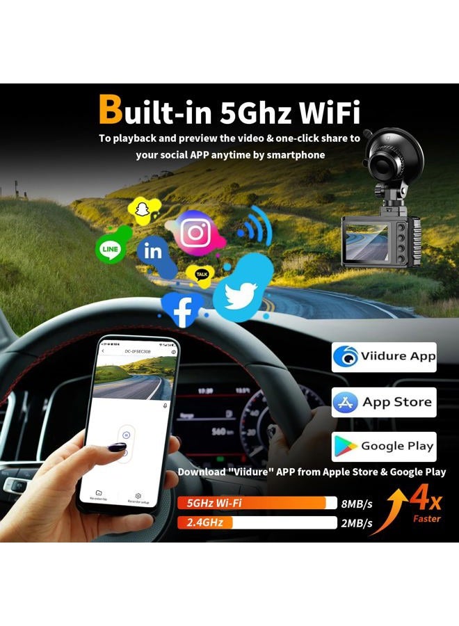 WANLIPO كاميرا داش أمامية وخلفية: كاميرا داش مزدوجة القناة بدقة 4K - واي فاي 5GHz، كاميرا داش للسيارات مع بطاقة 64GB، شاشة IPS 2"، تحكم عبر التطبيق، مستشعر G، تسجيل متكرر - Image 4