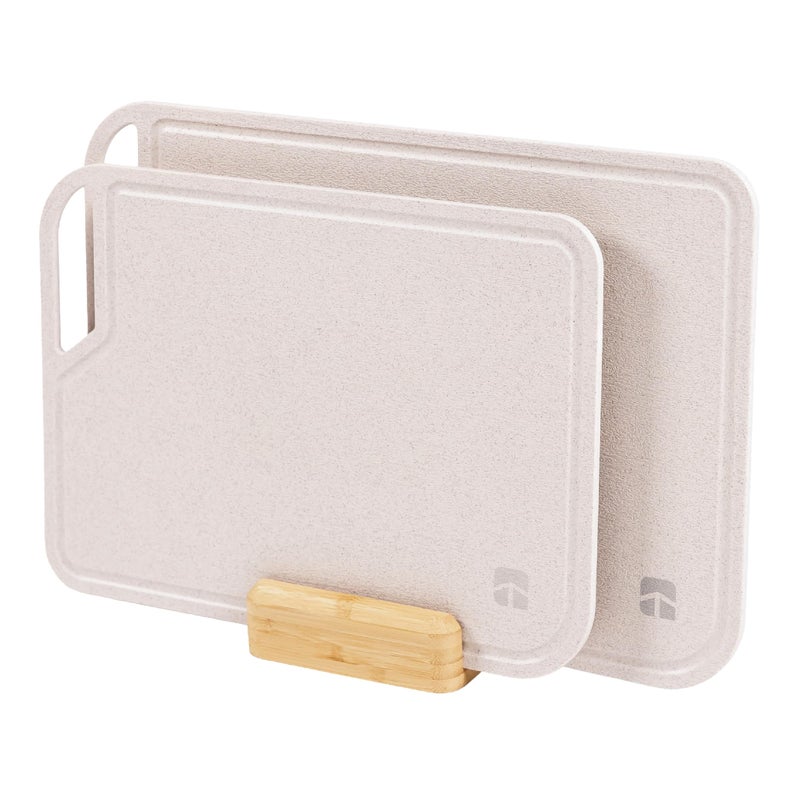 KitchenEdge Rice Fiber Cutting Board Set with Bamboo Stand for Cooking Prep, 2 Piece Kitchen Set, with Juice Grooves and Handles, (13.5x9.5, 15.5x11 in) - Image 1