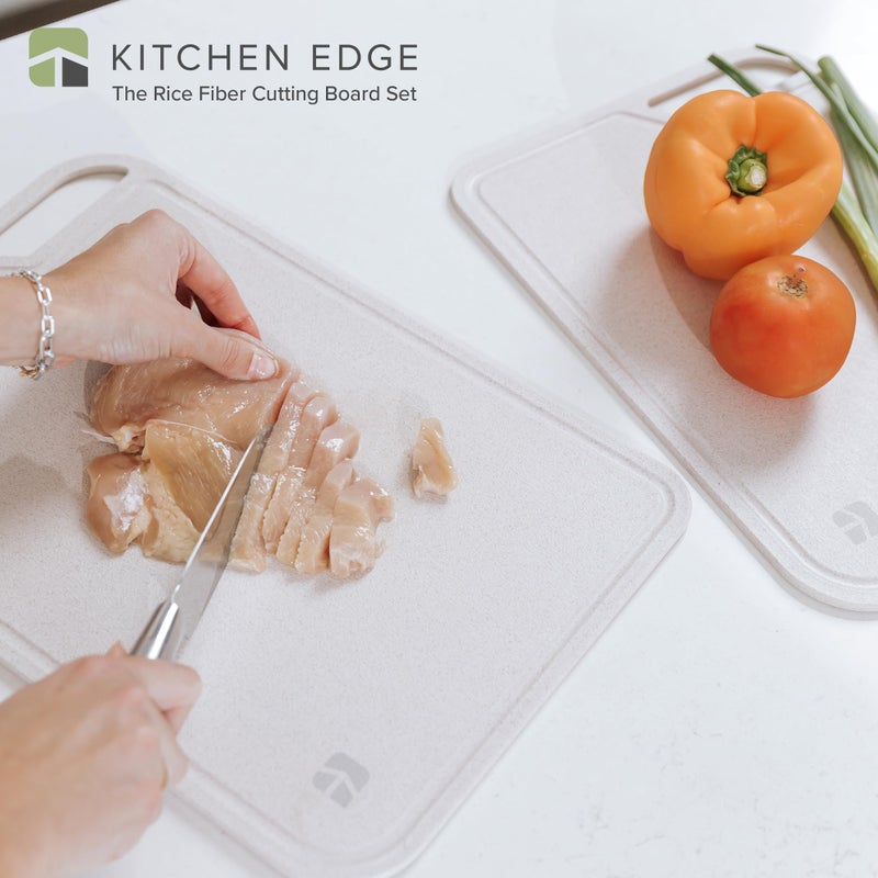 KitchenEdge Rice Fiber Cutting Board Set with Bamboo Stand for Cooking Prep, 2 Piece Kitchen Set, with Juice Grooves and Handles, (13.5x9.5, 15.5x11 in) - Image 2