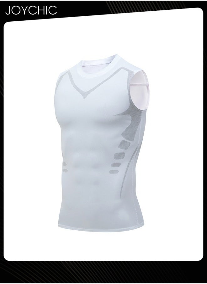 Joychic - Men Sports Vest Quick-drying and Breathable High-elastic Tights Fitness Basketball Running Training Wide Shoulder T-shirt Slimming Body Shaper for All Seasons White - Image 1