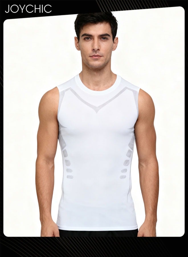 Joychic سترة رياضية للرجال سريعة الجفاف وجيدة التهوية عالية المرونة، تي شيرت ضيق لممارسة تمارين اللياقة البدنية وكرة السلة والجري بأكتاف عريضة لتشكيل الجسم لجميع المواسم، أبيض - Image 1