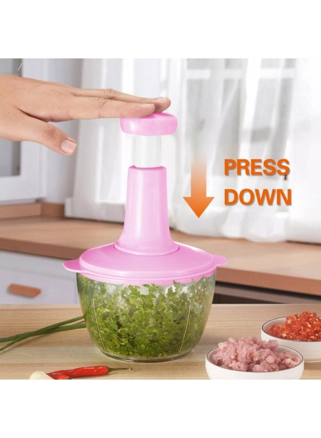 مفرمة يدوية بالضغط – لون وردي – لتقطيع الثوم والبصل والخضار بشفرات ستانلس ستيل، وعاء شفاف وقاعدة مانعة للانزلاق وسهلة التنظيف – 1 قطعة - Image 2