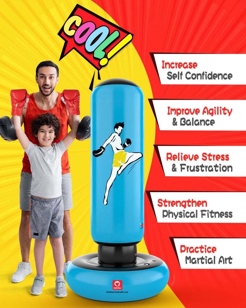 Qpau Kids Punching Bag Toy With Boxing Gloves  66 Inch Larger Stable Kids Inflatable Boxing Bag Set  Gifts For Boys & Girls Age 6-12  For Practicing Karate  Taekwondo  Mma (Blue) - Image 3