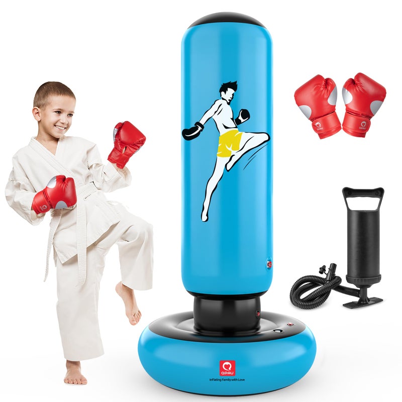 Qpau Kids Punching Bag Toy With Boxing Gloves  66 Inch Larger Stable Kids Inflatable Boxing Bag Set  Gifts For Boys & Girls Age 6-12  For Practicing Karate  Taekwondo  Mma (Blue) - Image 1