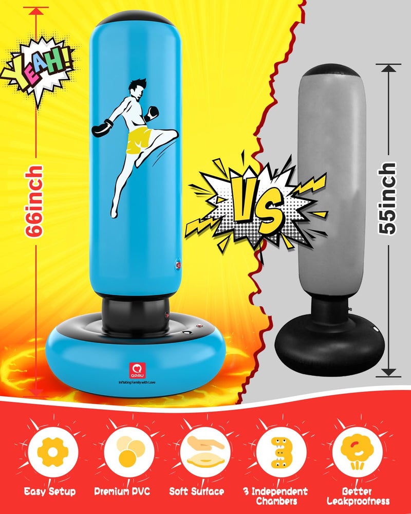 Qpau Kids Punching Bag Toy With Boxing Gloves  66 Inch Larger Stable Kids Inflatable Boxing Bag Set  Gifts For Boys & Girls Age 6-12  For Practicing Karate  Taekwondo  Mma (Blue) - Image 2