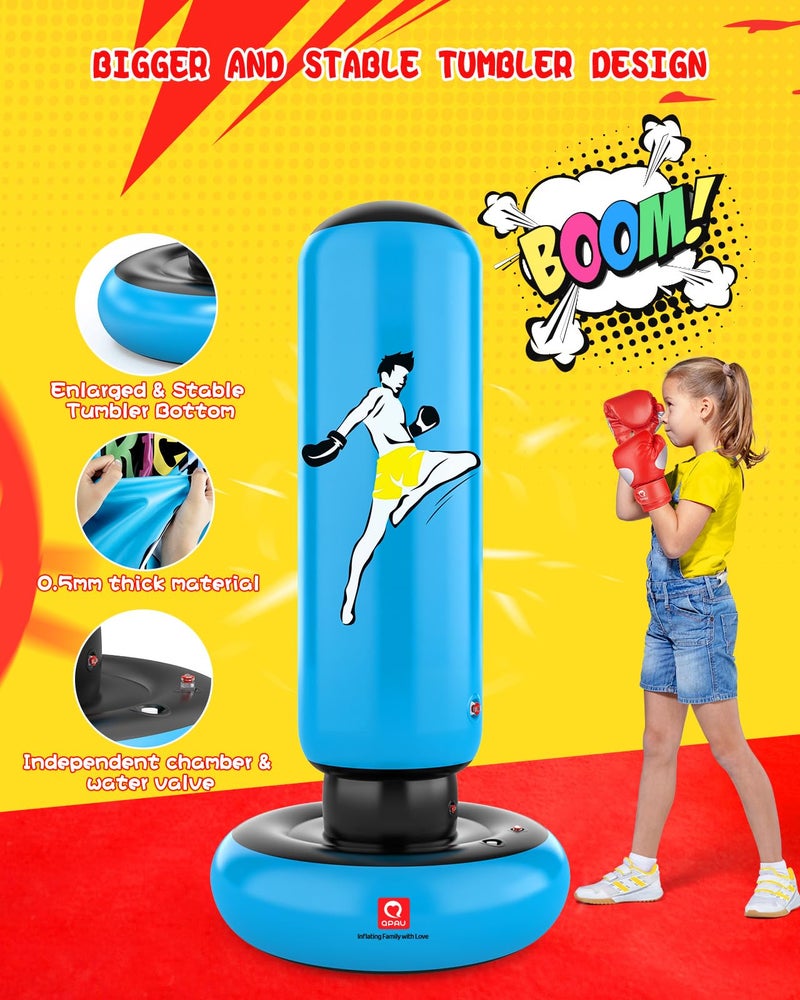 Qpau Kids Punching Bag Toy With Boxing Gloves  66 Inch Larger Stable Kids Inflatable Boxing Bag Set  Gifts For Boys & Girls Age 6-12  For Practicing Karate  Taekwondo  Mma (Blue) - Image 4