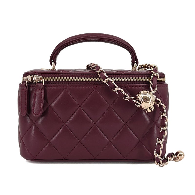 M-ioi-M Genuine Leather Quilted Mini Purse for Women, Soft Lambskin Crossbody Bag with Gold Chain Strap, Small Top-Handle Shoulder Handbag, Designer Evening Vanity Pouch (Burgundy, Detachable Strap) - Image 1