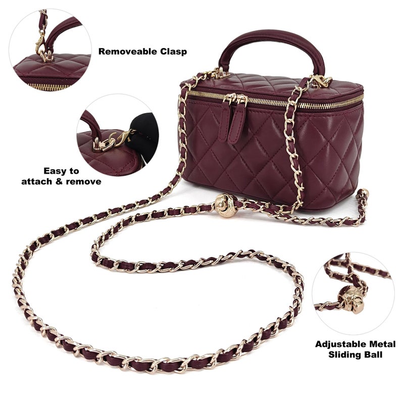 M-ioi-M Genuine Leather Quilted Mini Purse for Women, Soft Lambskin Crossbody Bag with Gold Chain Strap, Small Top-Handle Shoulder Handbag, Designer Evening Vanity Pouch (Burgundy, Detachable Strap) - Image 5