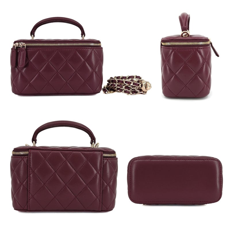 M-ioi-M Genuine Leather Quilted Mini Purse for Women, Soft Lambskin Crossbody Bag with Gold Chain Strap, Small Top-Handle Shoulder Handbag, Designer Evening Vanity Pouch (Burgundy, Detachable Strap) - Image 4