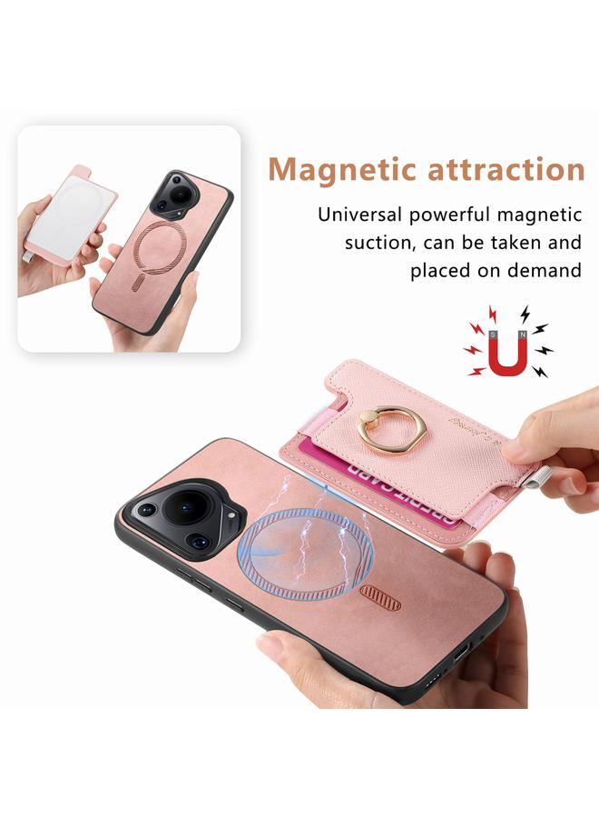 زبون جراب لهاتف Huawei Pura 70 Pro Retro Magsafe Cross من الجلد مع حامل حلقي وحقيبة بطاقات - Image 3