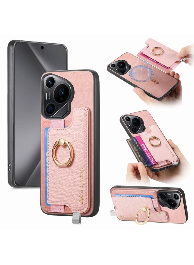 زبون جراب لهاتف Huawei Pura 70 Pro Retro Magsafe Cross من الجلد مع حامل حلقي وحقيبة بطاقات - Image 1