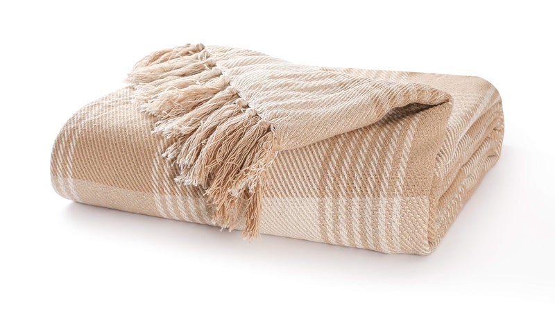 EHC Premium Reversible 100 Cotton Large 250 x 380cm Super King Size Tartan Throws for Sofa Bedspread Beige