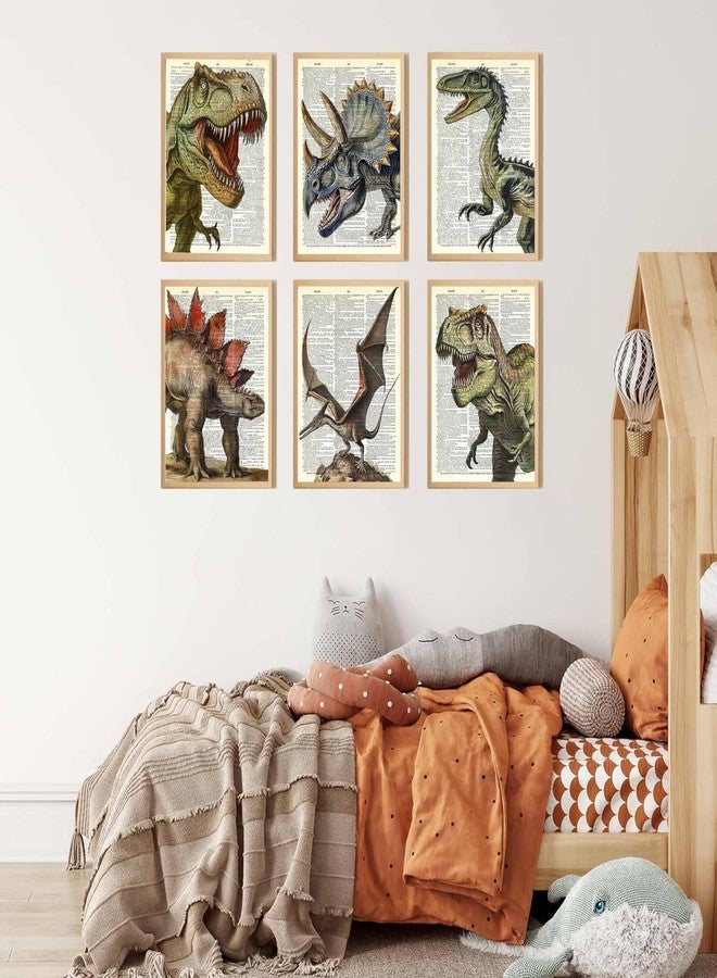 JJX 6Pcs Dinosaur Canvas Wall Art Retro Tyrannosaurus, Stegosaurus, Triceratops, Parasaurolophus Wall Decor Pictures Canvas Posters Prints For Children Room Baby Boy Nursery Boys room Bedroom Unframed - Image 2
