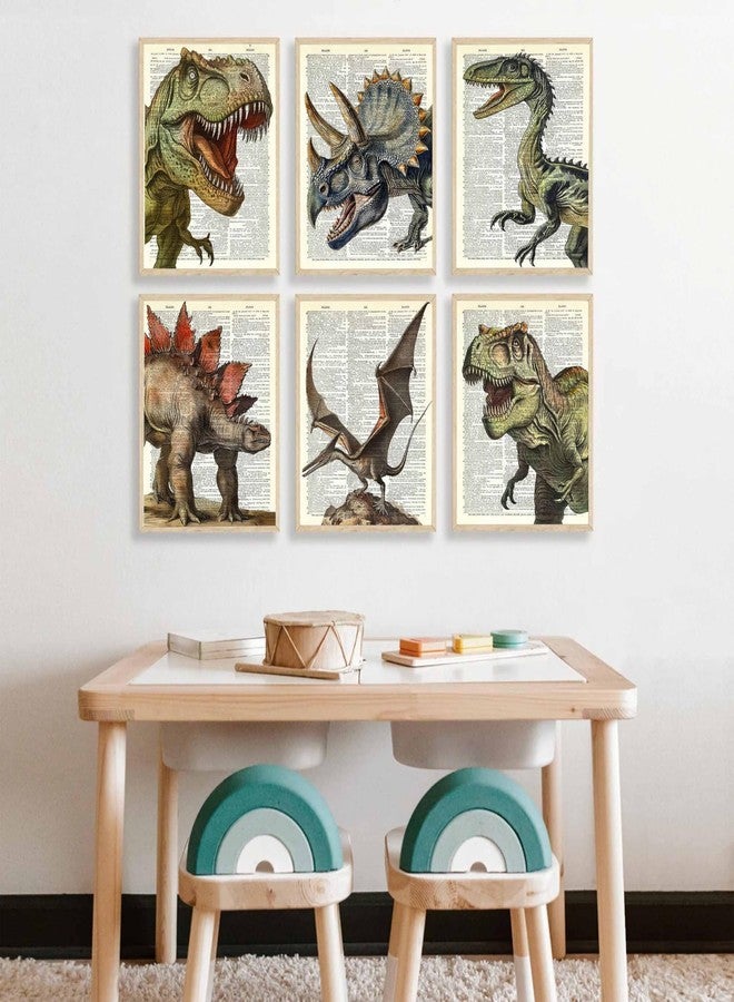 JJX 6Pcs Dinosaur Canvas Wall Art Retro Tyrannosaurus, Stegosaurus, Triceratops, Parasaurolophus Wall Decor Pictures Canvas Posters Prints For Children Room Baby Boy Nursery Boys room Bedroom Unframed - Image 4