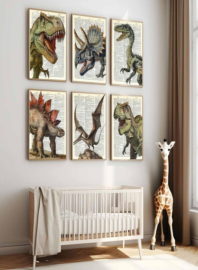 JJX 6Pcs Dinosaur Canvas Wall Art Retro Tyrannosaurus, Stegosaurus, Triceratops, Parasaurolophus Wall Decor Pictures Canvas Posters Prints For Children Room Baby Boy Nursery Boys room Bedroom Unframed - Image 5