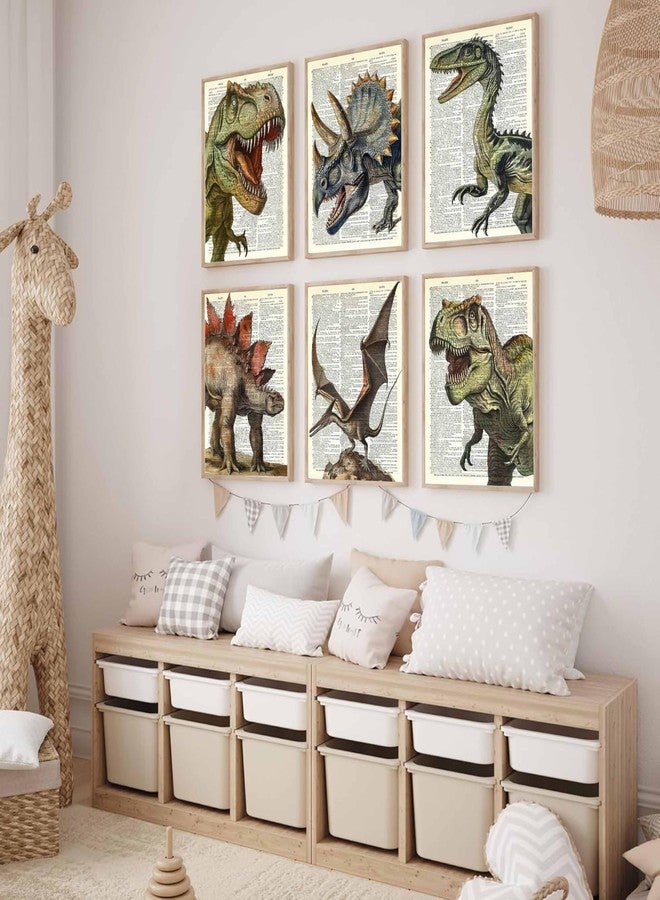 JJX 6Pcs Dinosaur Canvas Wall Art Retro Tyrannosaurus, Stegosaurus, Triceratops, Parasaurolophus Wall Decor Pictures Canvas Posters Prints For Children Room Baby Boy Nursery Boys room Bedroom Unframed - Image 3